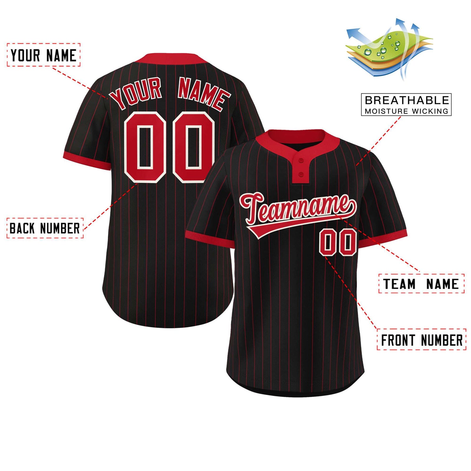 Custom Black Red Stripe Fashion Authentic Two-Button Softball Jersey