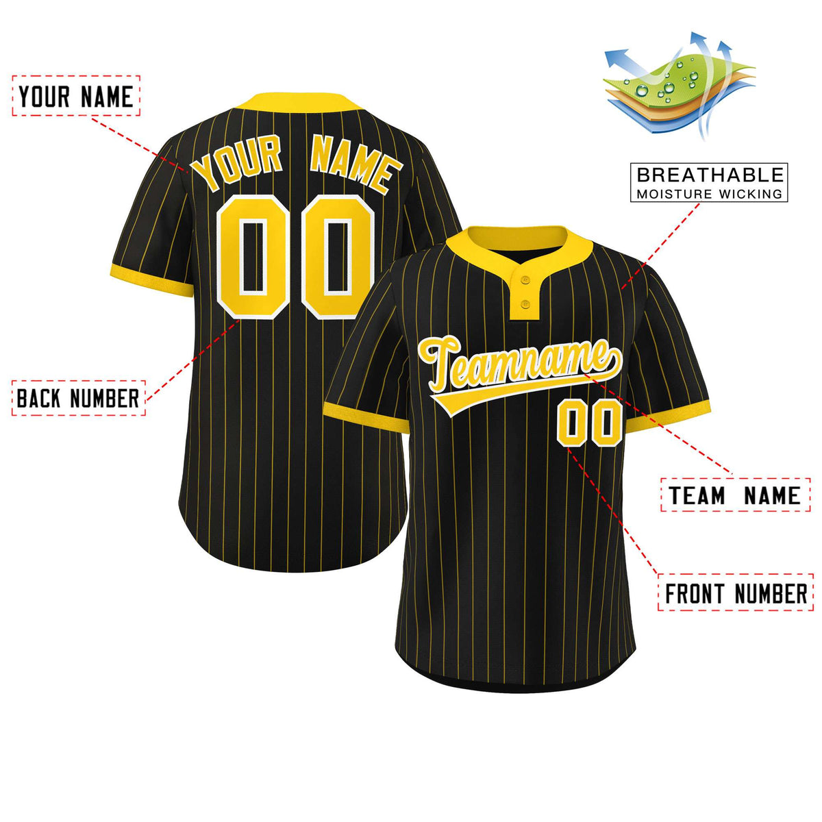 Custom Black Gold Stripe Fashion Authentic Two-Button Softball Jersey