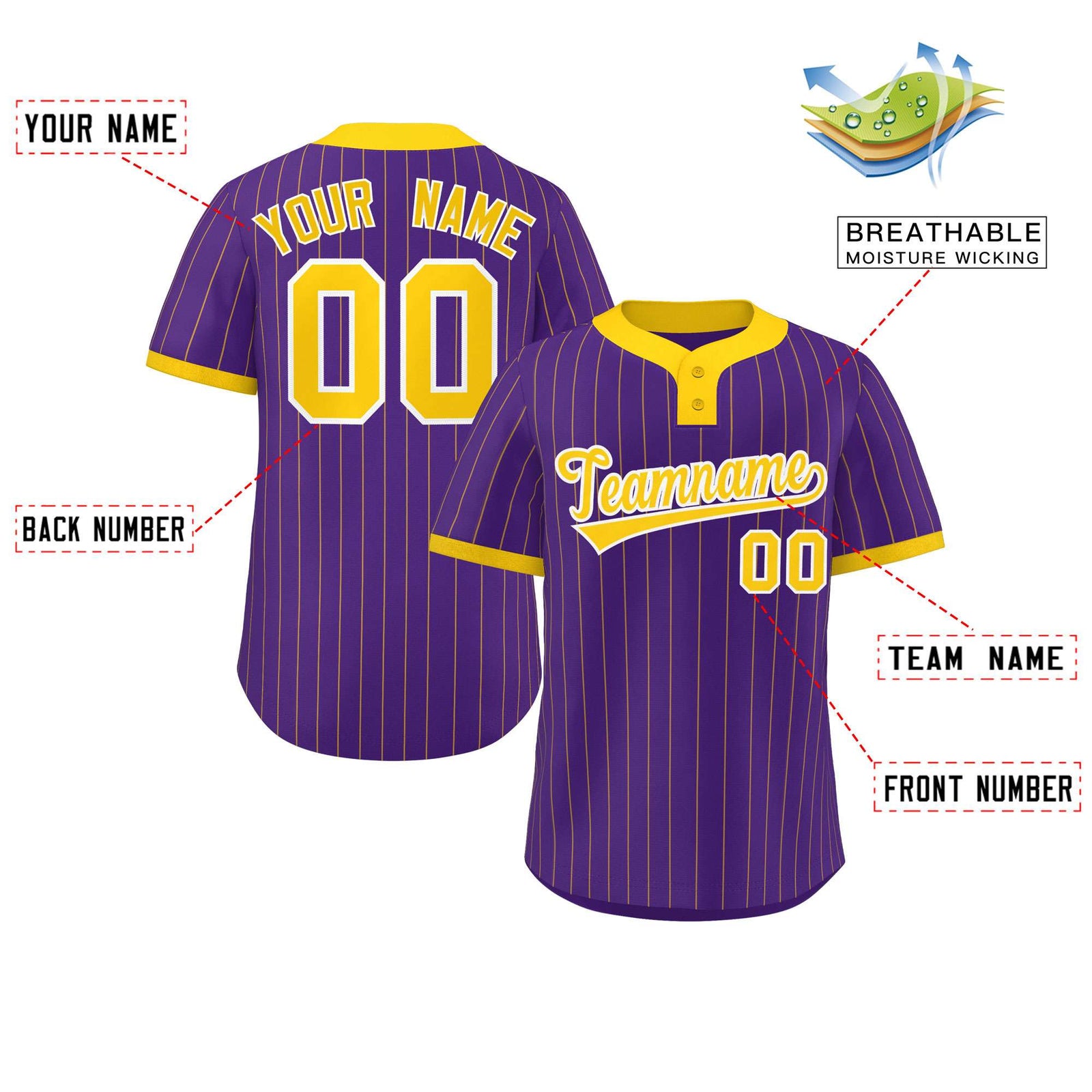 Custom Purple Gold Stripe Fashion Authentic Two-Button Softball Jersey