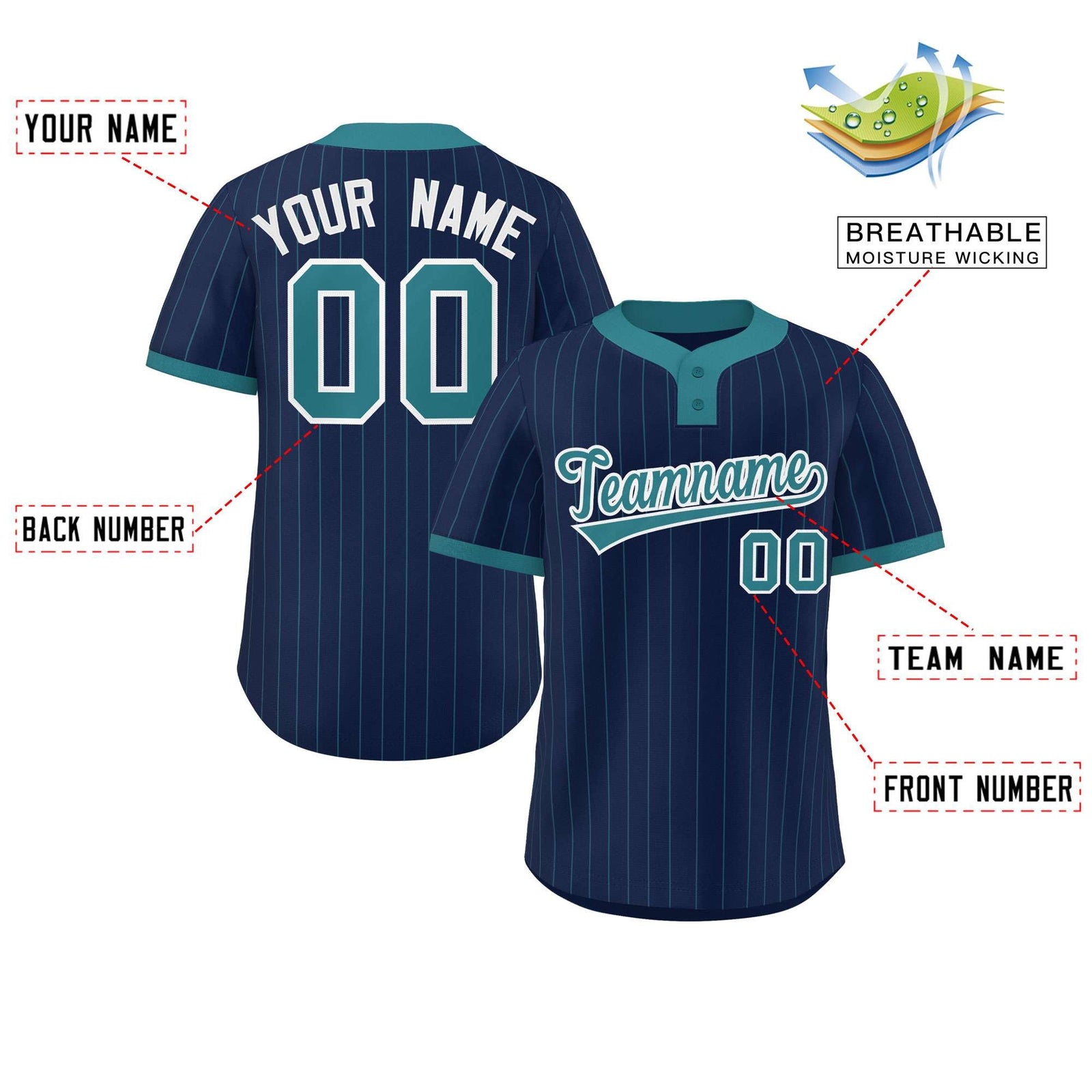 Custom Navy Aqua Stripe Fashion Authentic Two-Button Softball Jersey