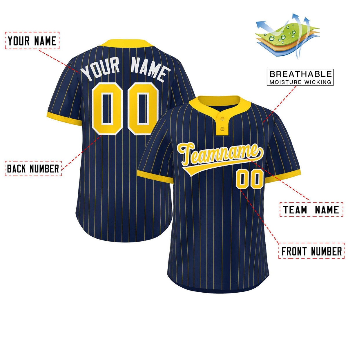Custom Navy Gold Stripe Fashion Authentic Two-Button Softball Jersey