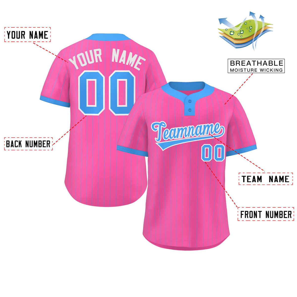 Custom Pink Powder Blue Stripe Fashion Authentic Two-Button Softball Jersey