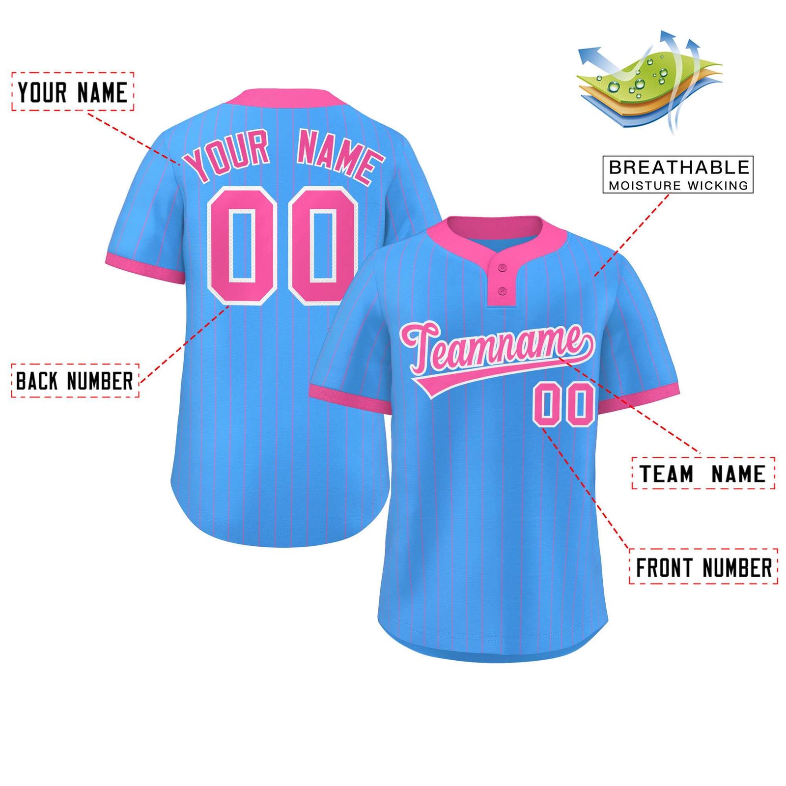 Custom Powder Blue Pink Stripe Fashion Authentic Two-Button Softball Jersey