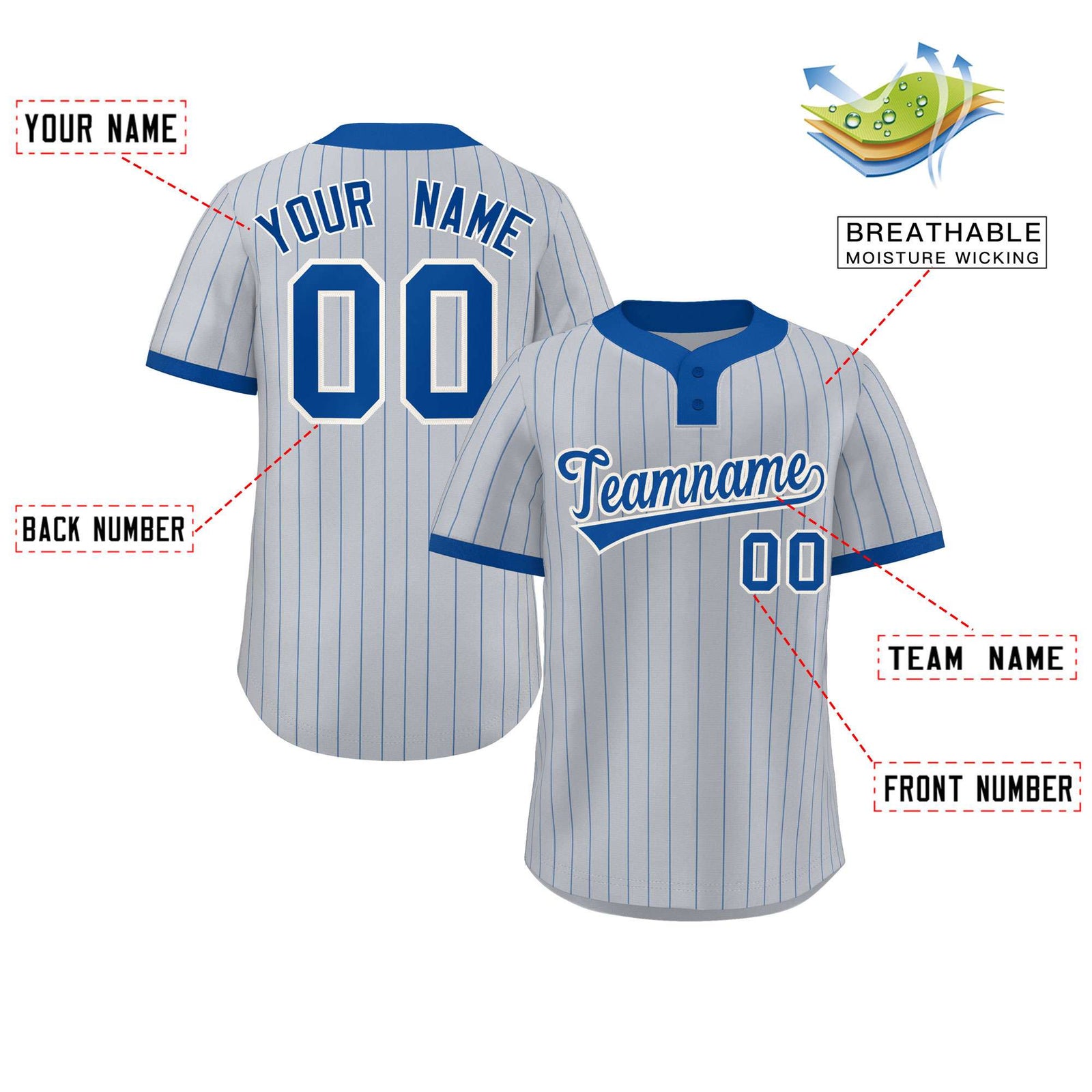 Custom Gray Royal Stripe Fashion Authentic Two-Button Softball Jersey