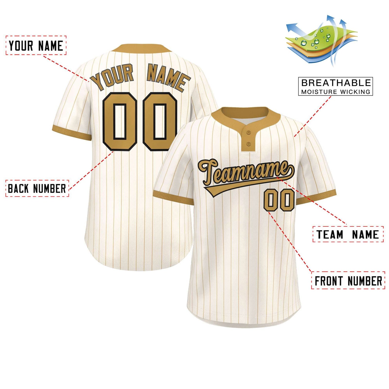 Custom Cream Old Gold Stripe Fashion Authentic Two-Button Softball Jersey