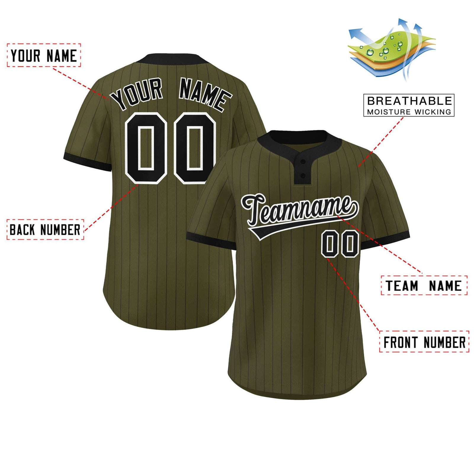 Custom Olive Black Stripe Fashion Authentic Two-Button Softball Jersey