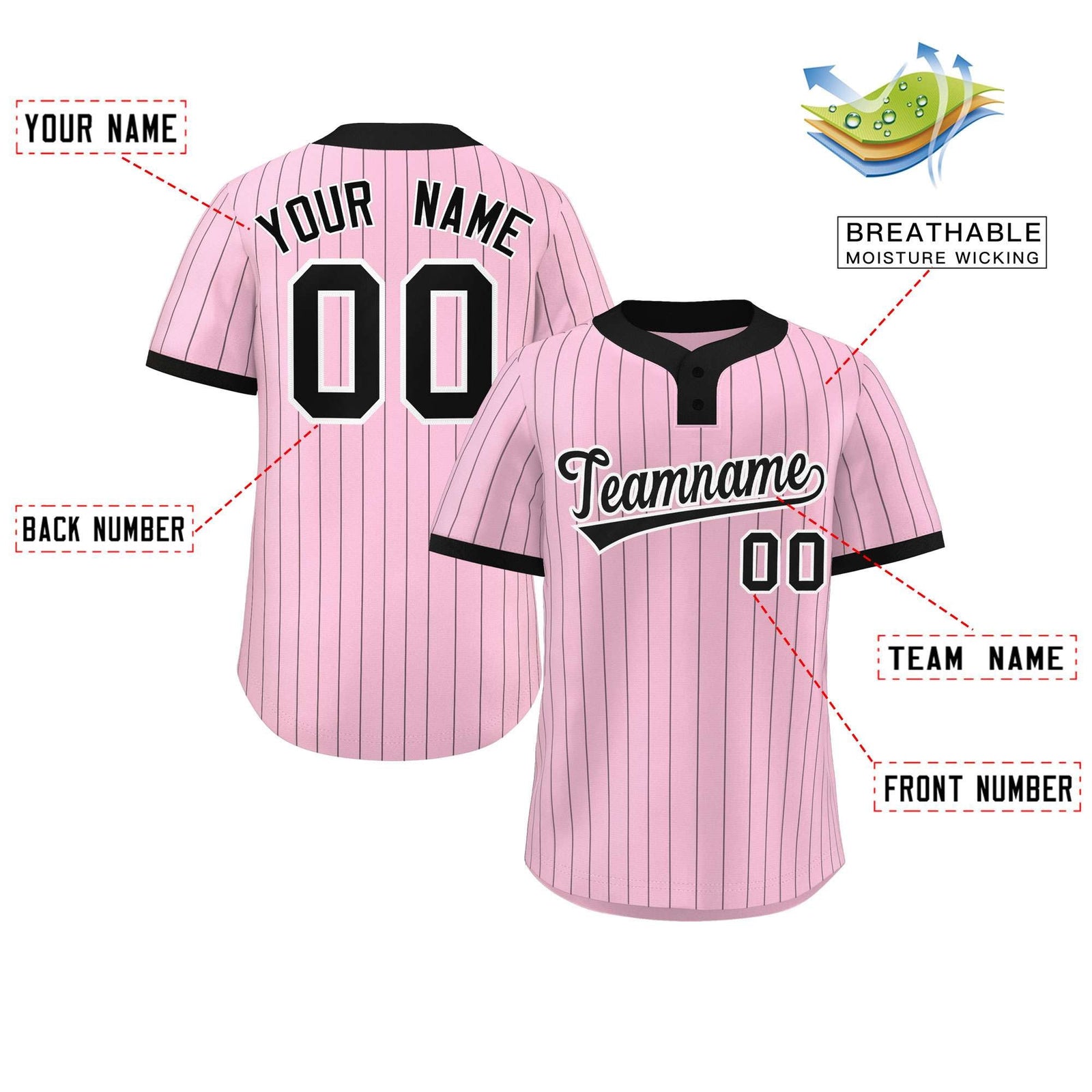 Custom Light Pink Black Stripe Fashion Authentic Two-Button Softball Jersey