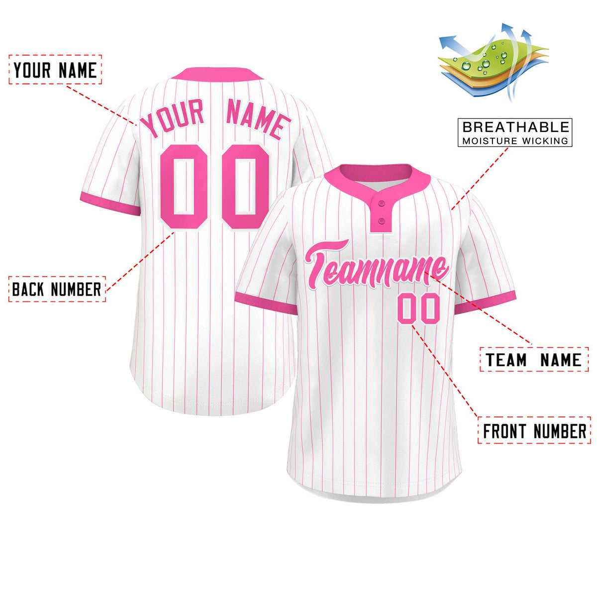 Custom White Pink Stripe Fashion Authentic Two-Button Softball Jersey