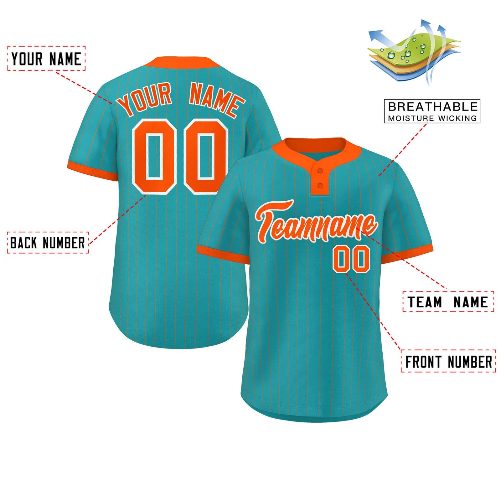 Custom Aqua Orange Stripe Fashion Authentic Two-Button Softball Jersey
