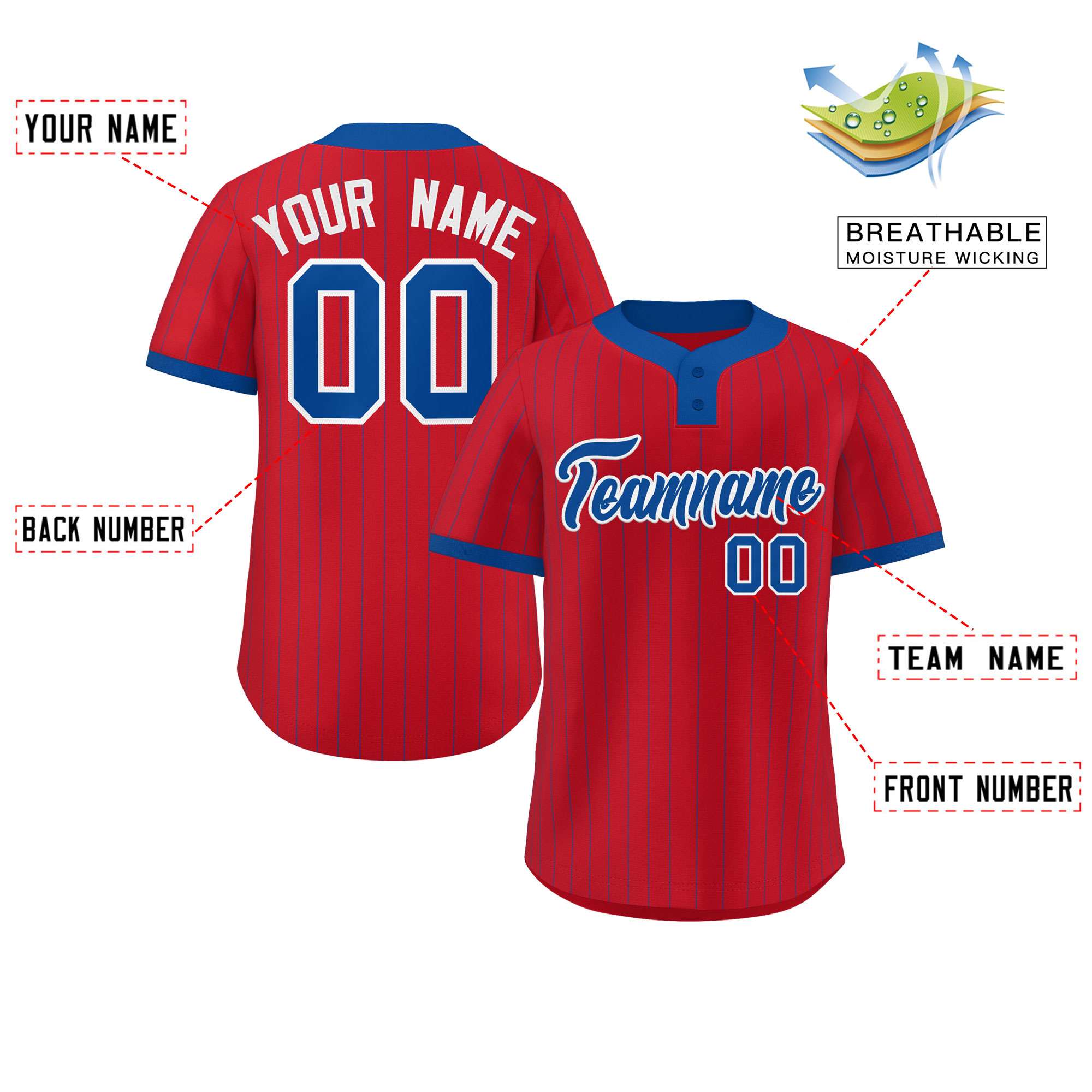 Custom Red Royal Stripe Fashion Authentic Two-Button Softball Jersey