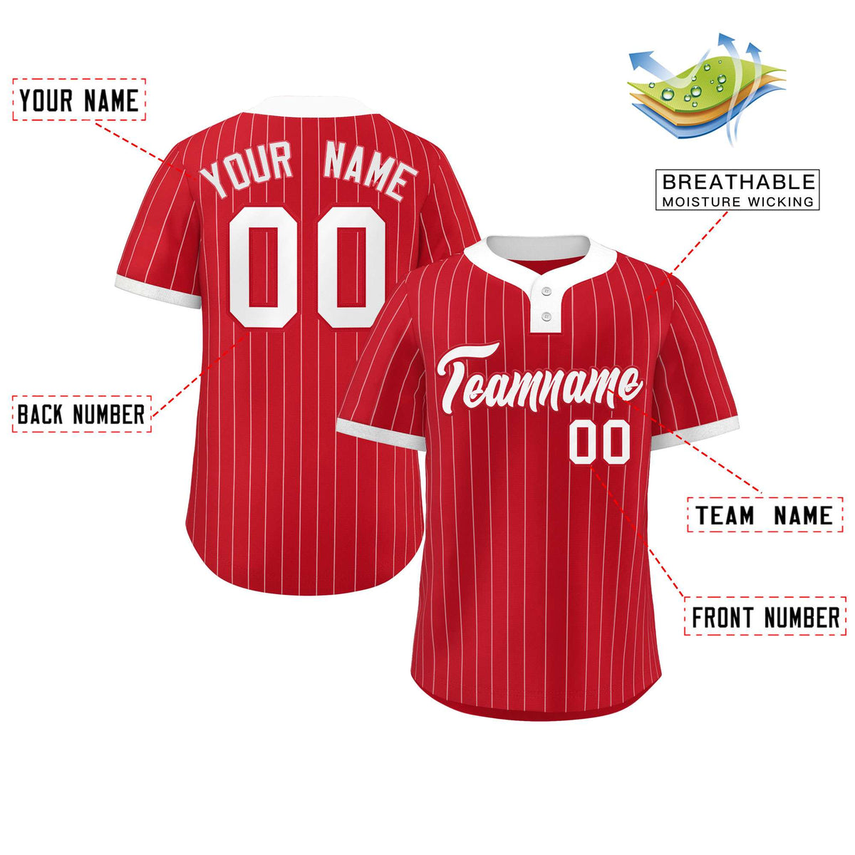 Custom Red White Stripe Fashion Authentic Two-Button Softball Jersey
