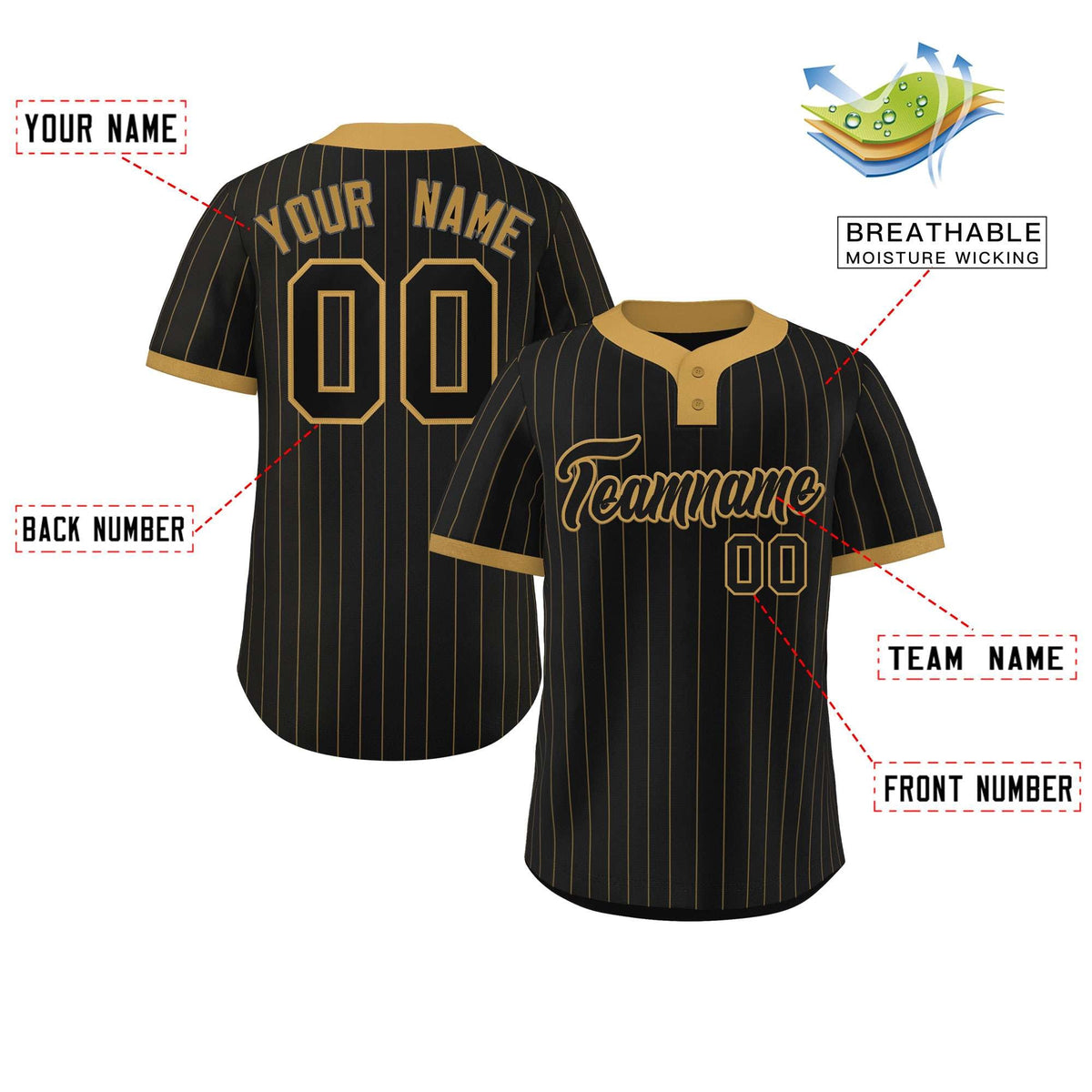 Custom Black Old Gold Stripe Fashion Authentic Two-Button Softball Jersey