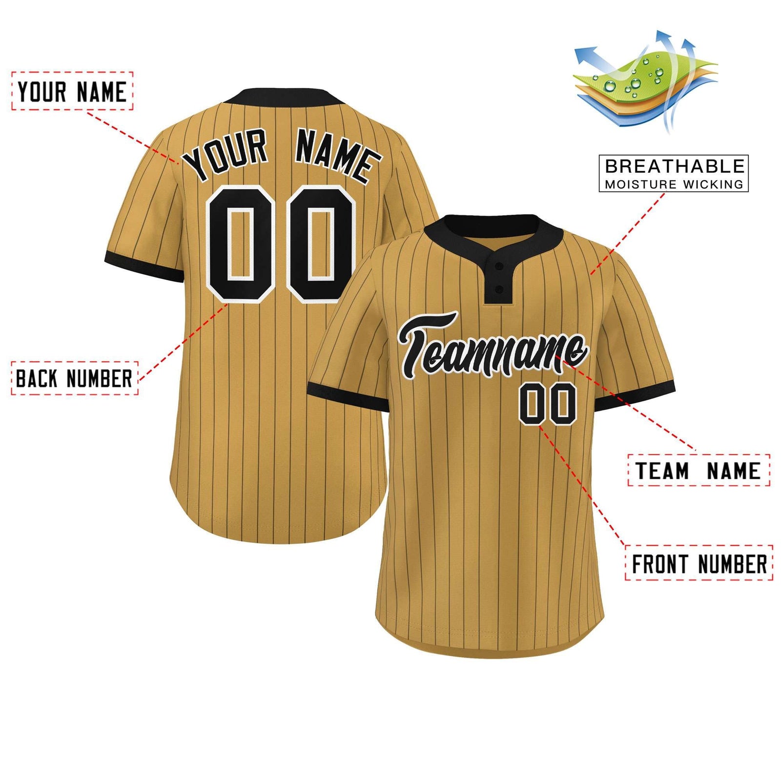 Custom Old Gold Black Stripe Fashion Authentic Two-Button Softball Jersey