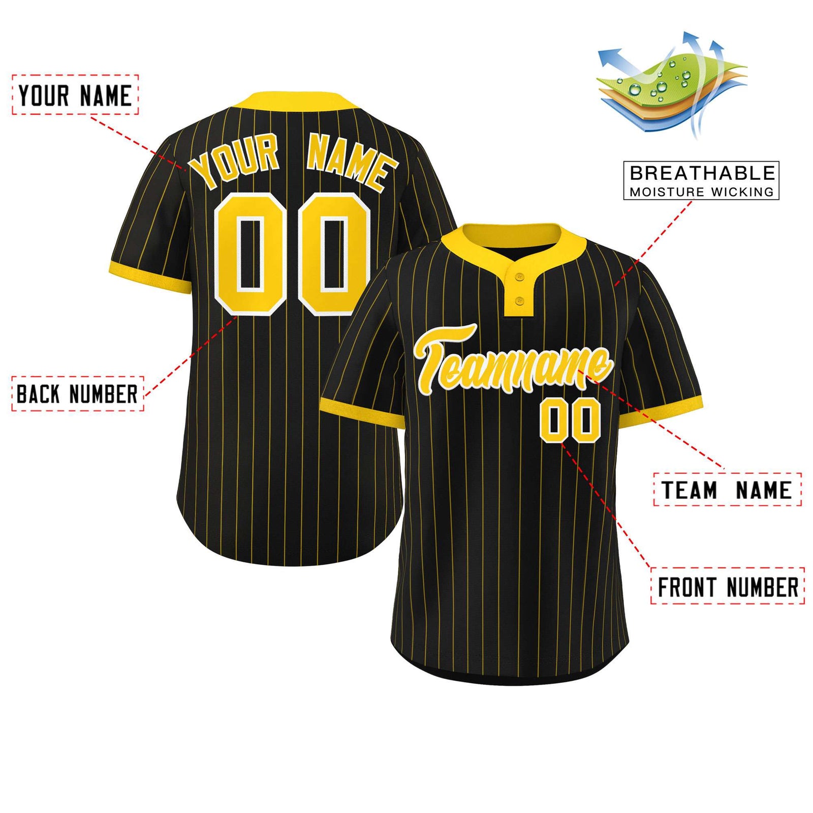 Custom Black Gold Stripe Fashion Authentic Two-Button Softball Jersey