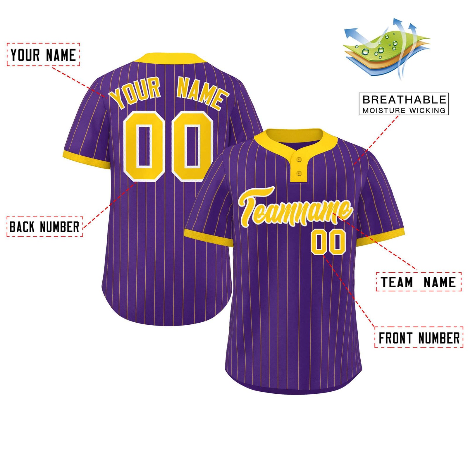Custom Purple Gold Stripe Fashion Authentic Two-Button Softball Jersey