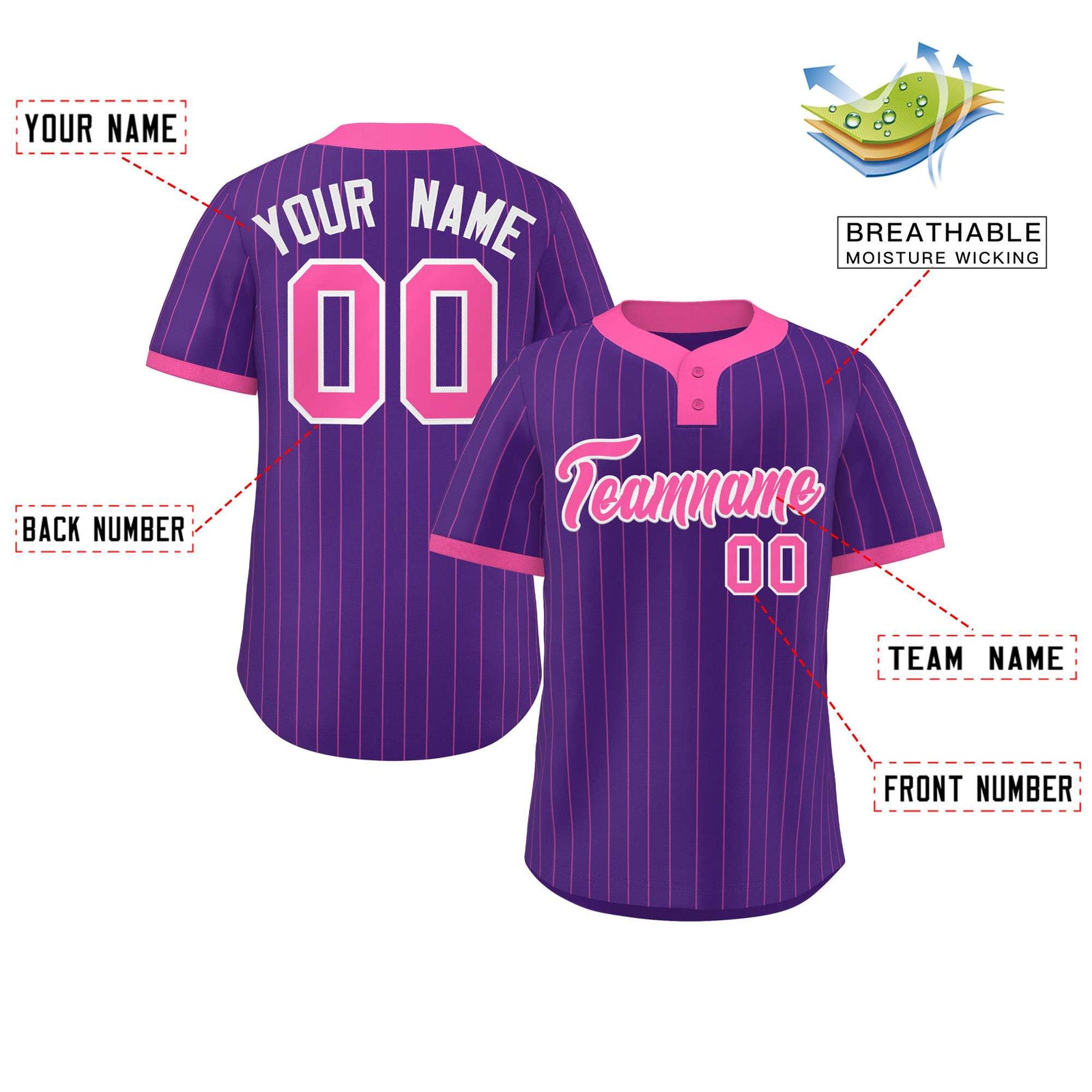 Custom Purple Pink Stripe Fashion Authentic Two-Button Softball Jersey