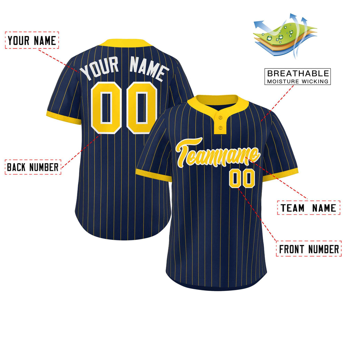 Custom Navy Gold Stripe Fashion Authentic Two-Button Softball Jersey