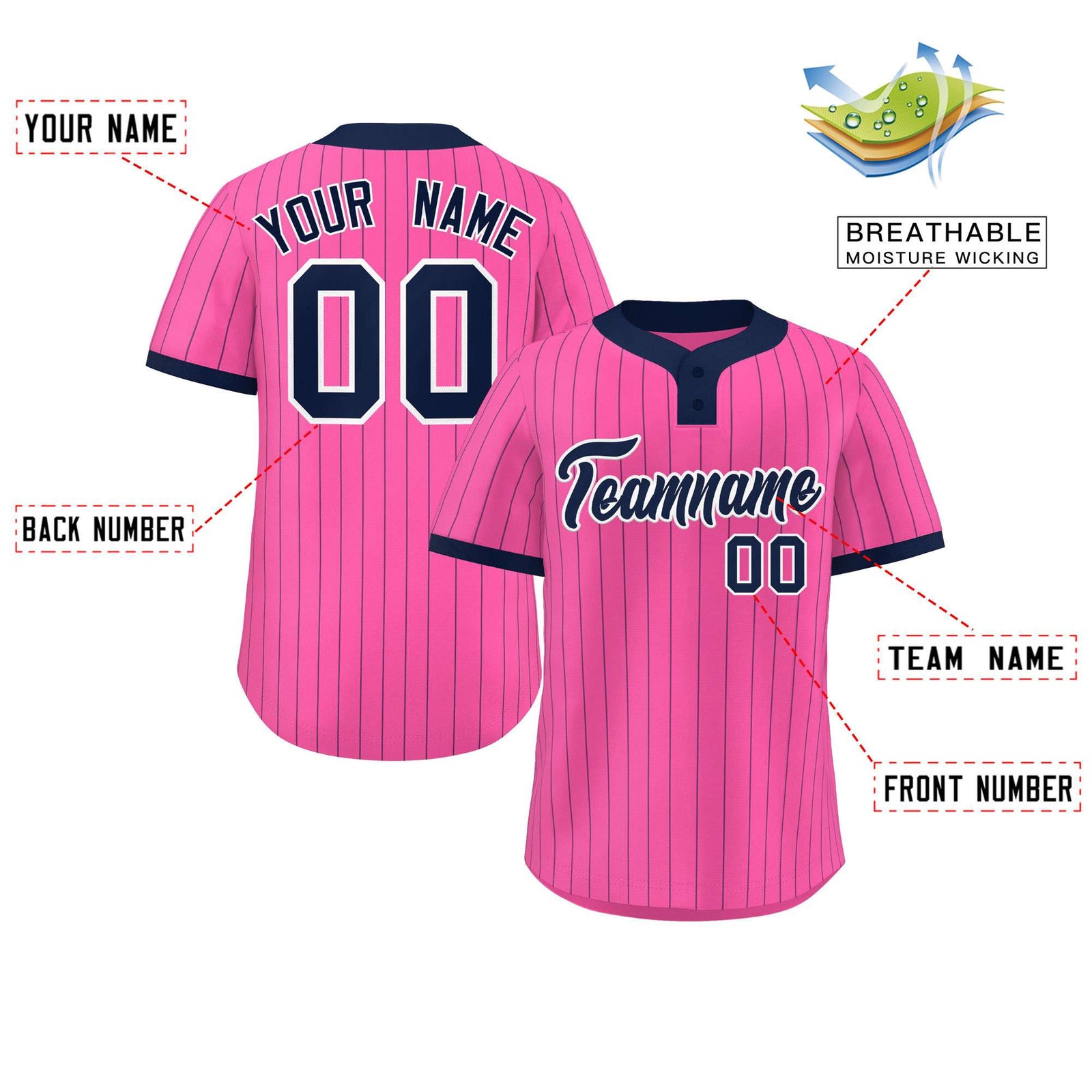 Custom Pink Navy Stripe Fashion Authentic Two-Button Softball Jersey
