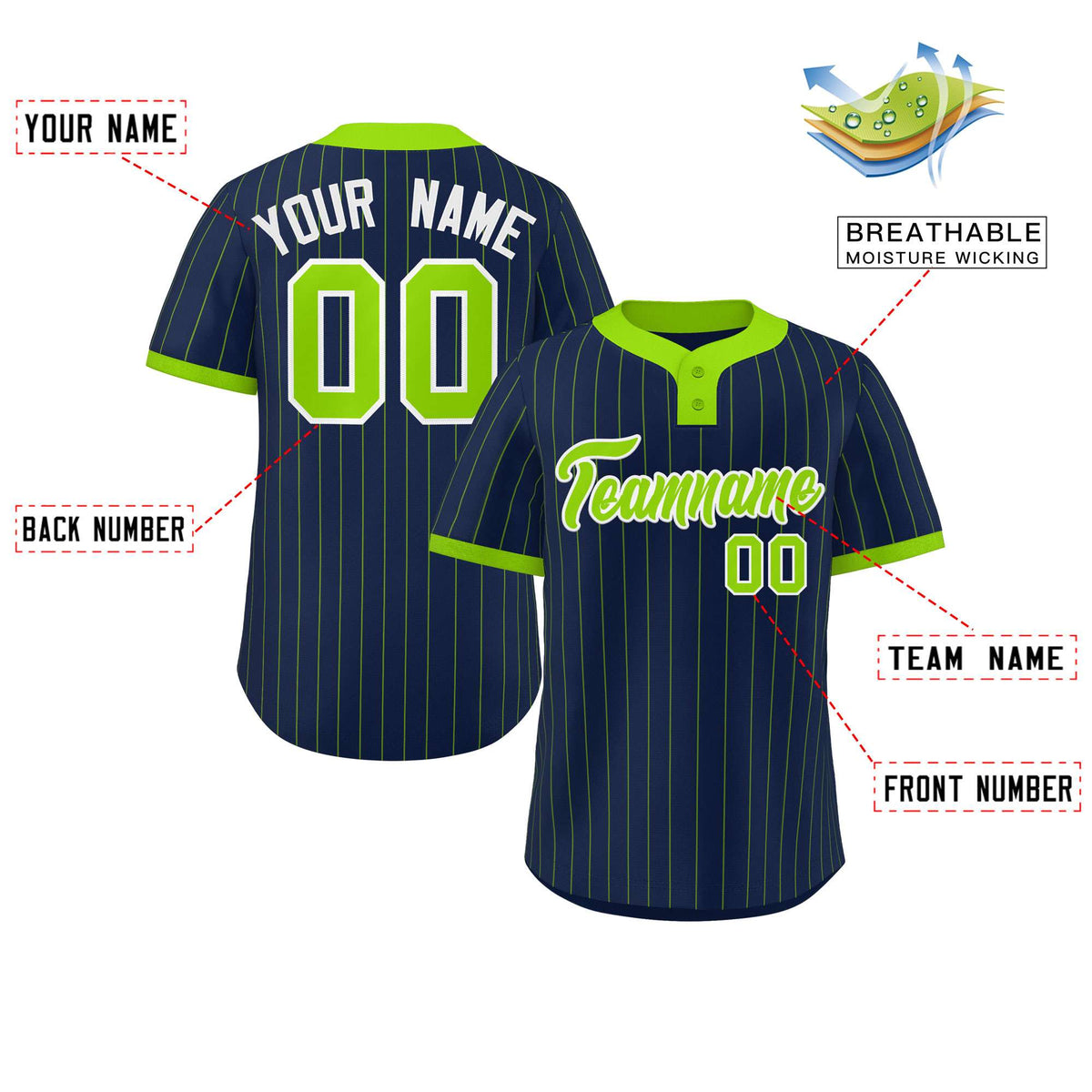 Custom Navy Neon Green Stripe Fashion Authentic Two-Button Softball Jersey
