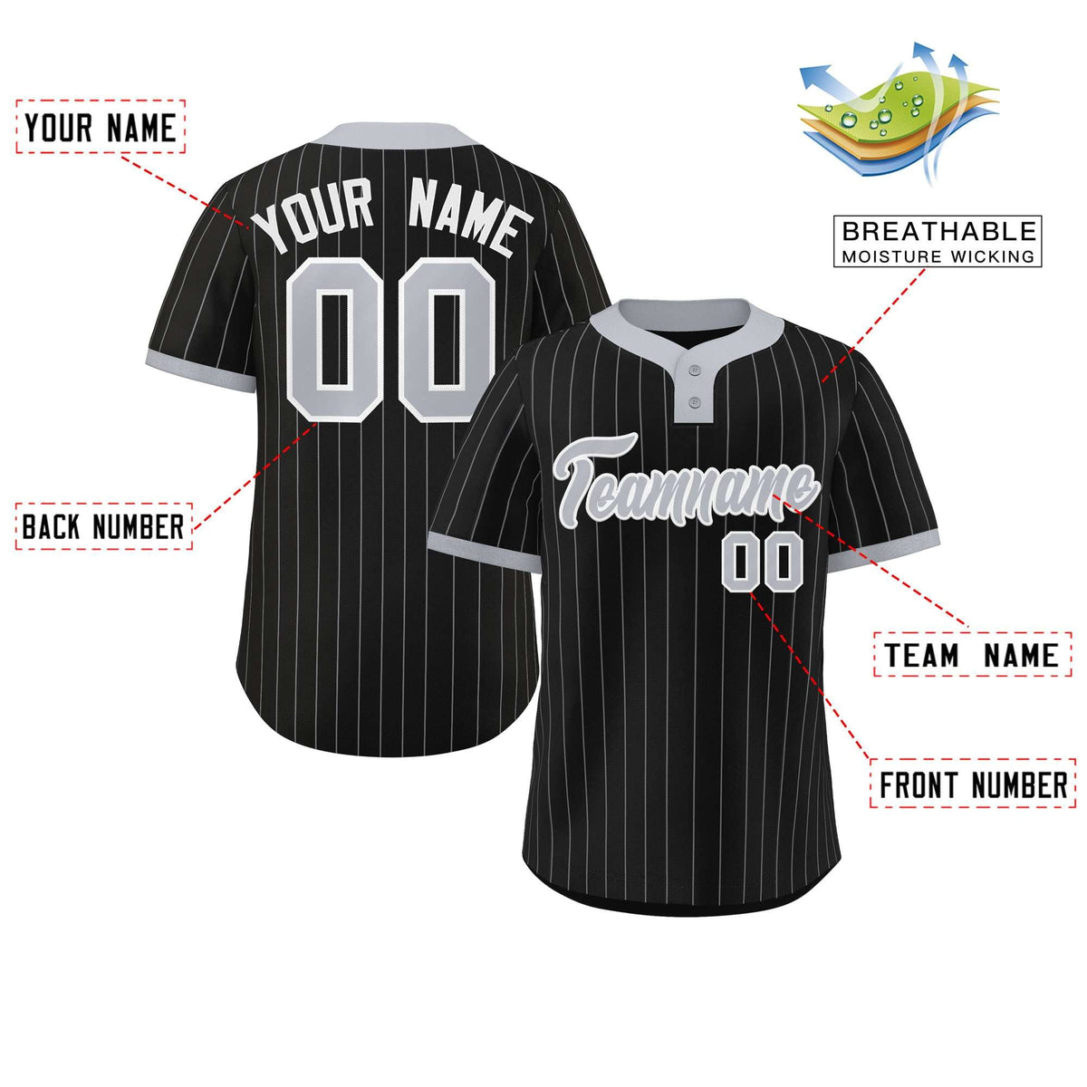 Custom Black Gray Stripe Fashion Authentic Two-Button Softball Jersey