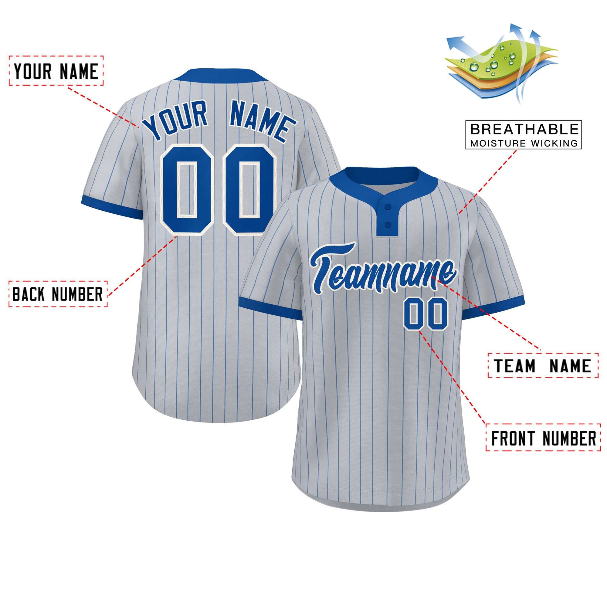 Custom Gray Royal Stripe Fashion Authentic Two-Button Softball Jersey