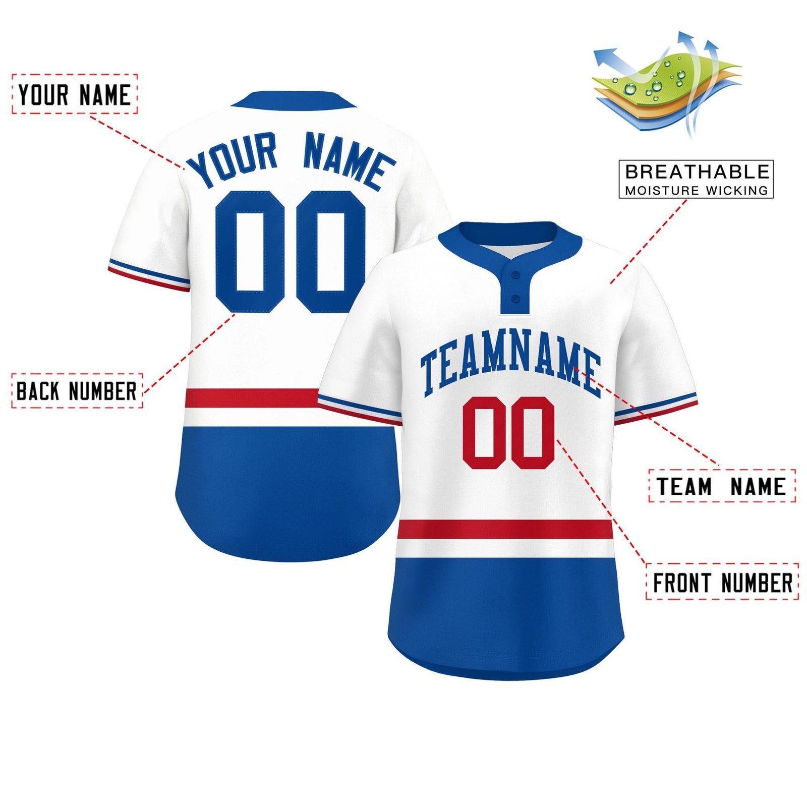 Custom White Red-Royal Color Block Personalized Authentic Two-Button Softball Jersey