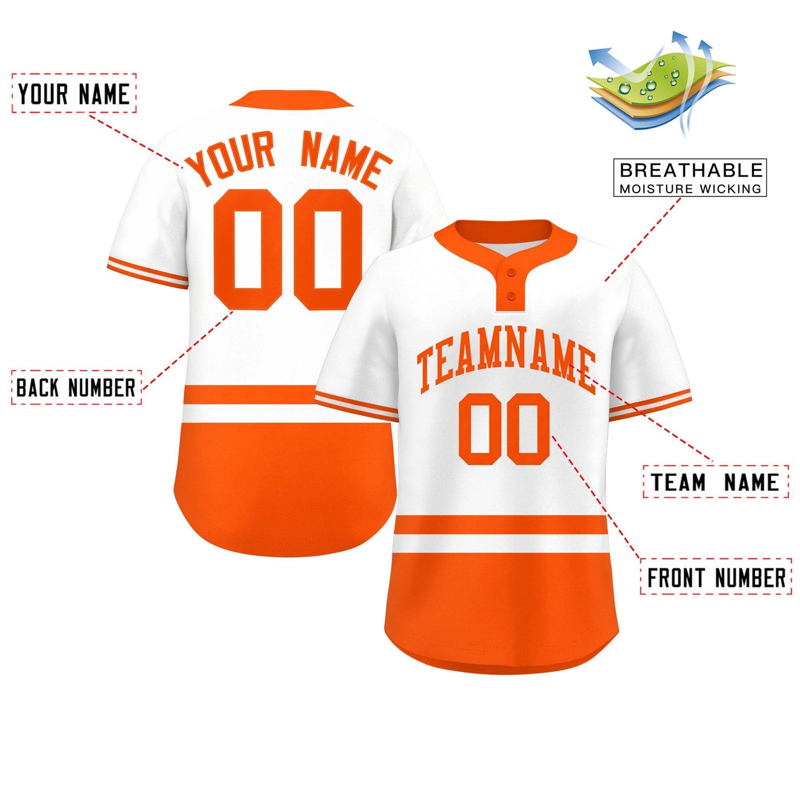 Custom White Orange Color Block Personalized Authentic Two-Button Softball Jersey