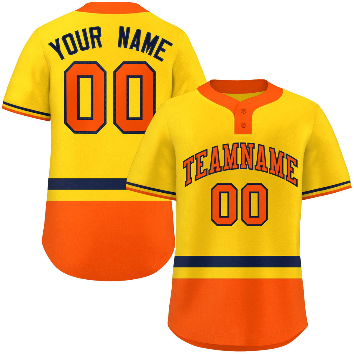 Custom Gold Navy-Orange Color Block Personalized Authentic Two-Button Softball Jersey