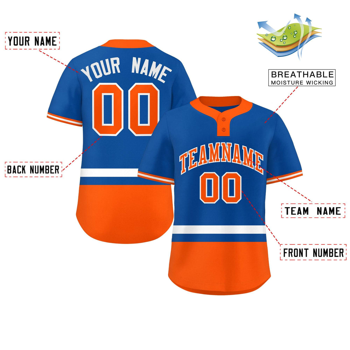 Custom Royal White-Orange Color Block Personalized Authentic Two-Button Softball Jersey