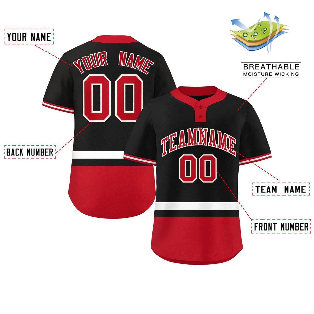 Custom Black White-Red Color Block Personalized Authentic Two-Button Softball Jersey