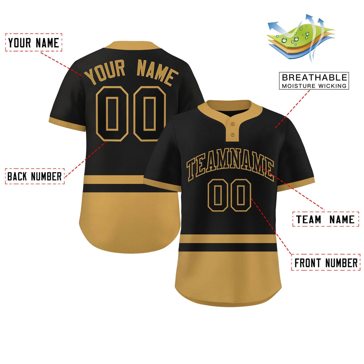 Custom Black Old Gold Color Block Personalized Authentic Two-Button Softball Jersey