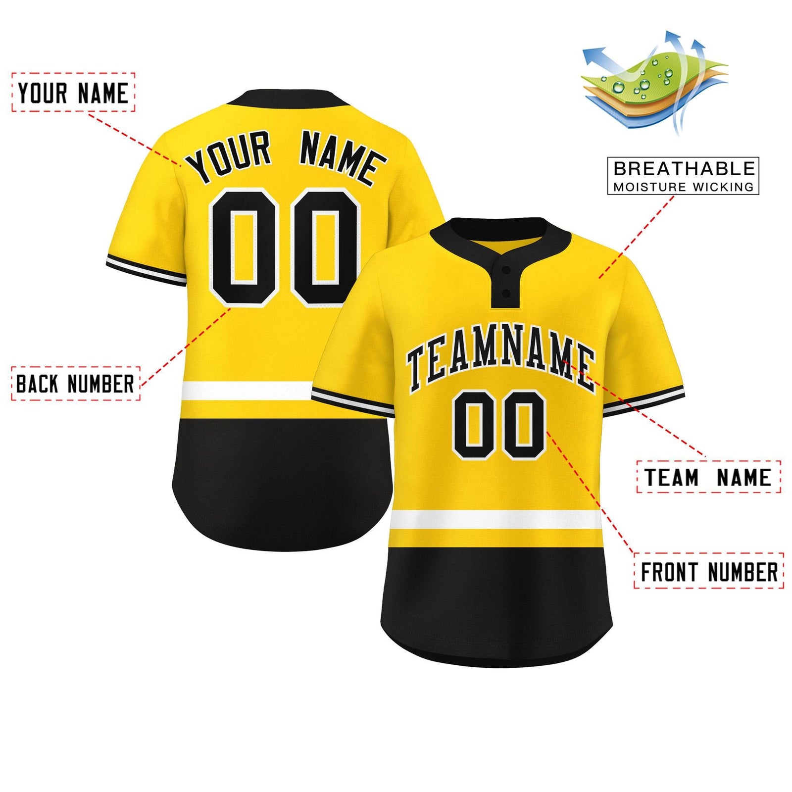 Custom Gold White-Black Color Block Personalized Authentic Two-Button Softball Jersey