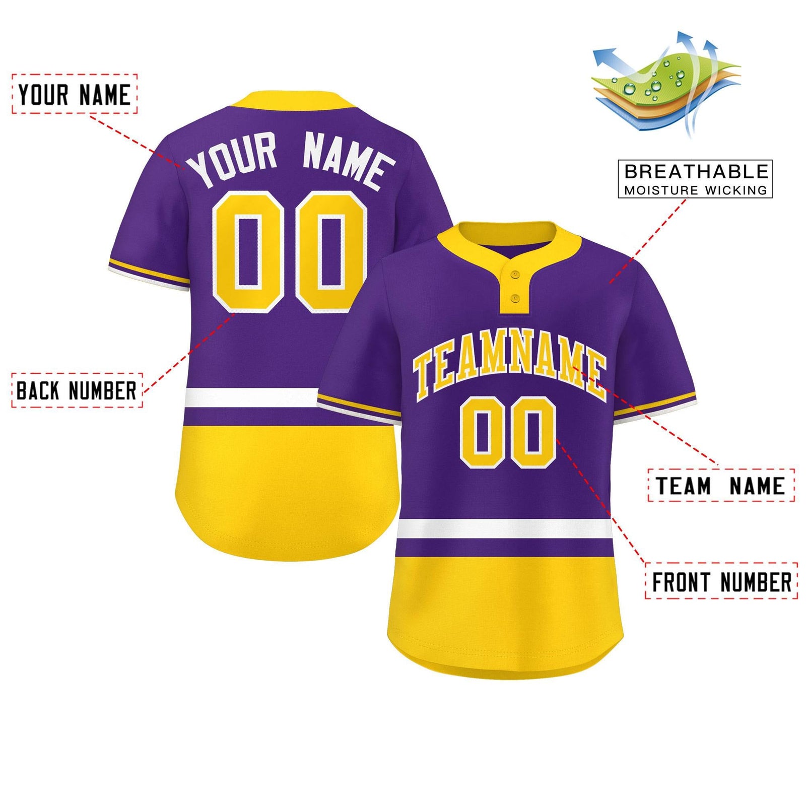 Custom Purple White-Gold Color Block Personalized Authentic Two-Button Softball Jersey