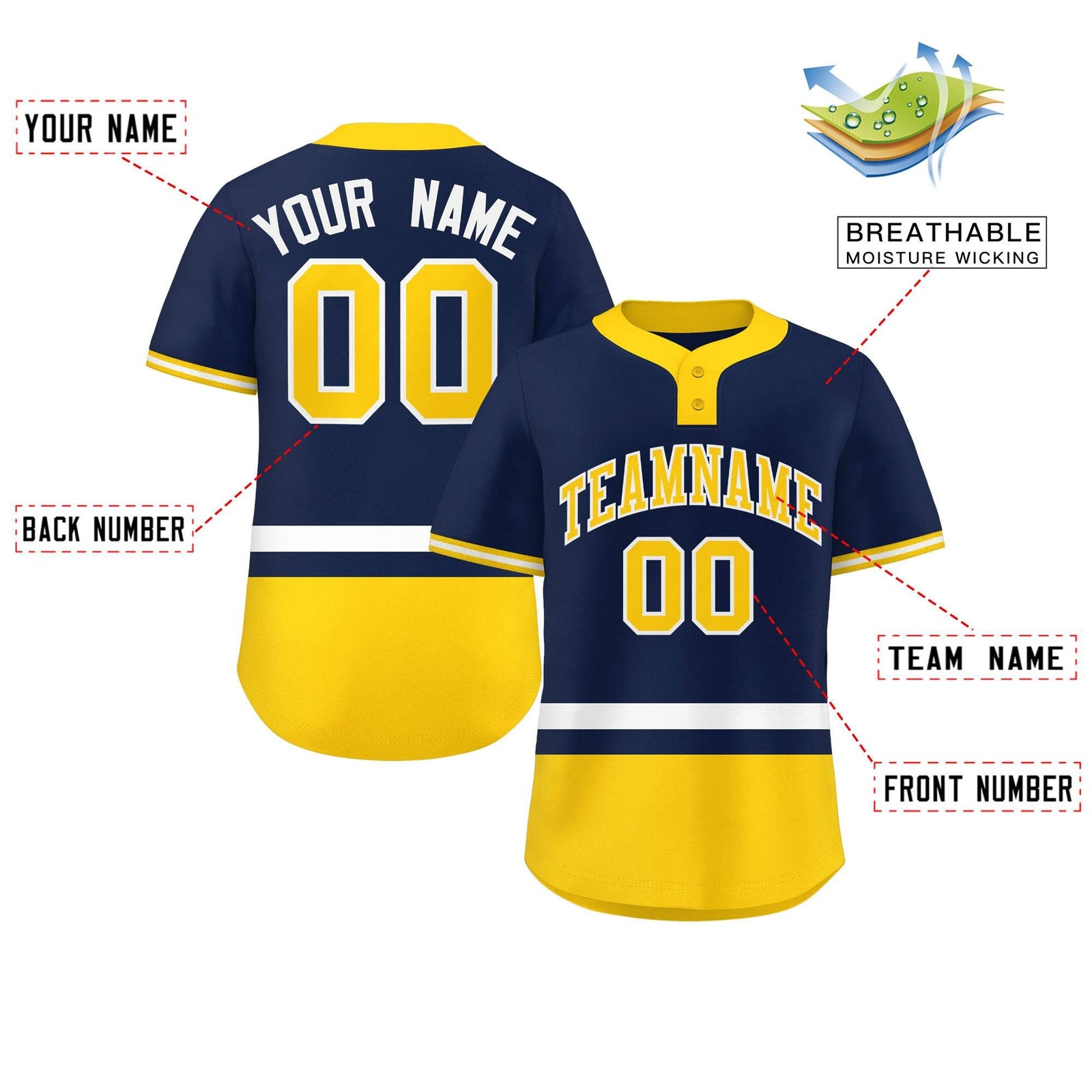 Custom Navy White-Gold Color Block Personalized Authentic Two-Button Softball Jersey