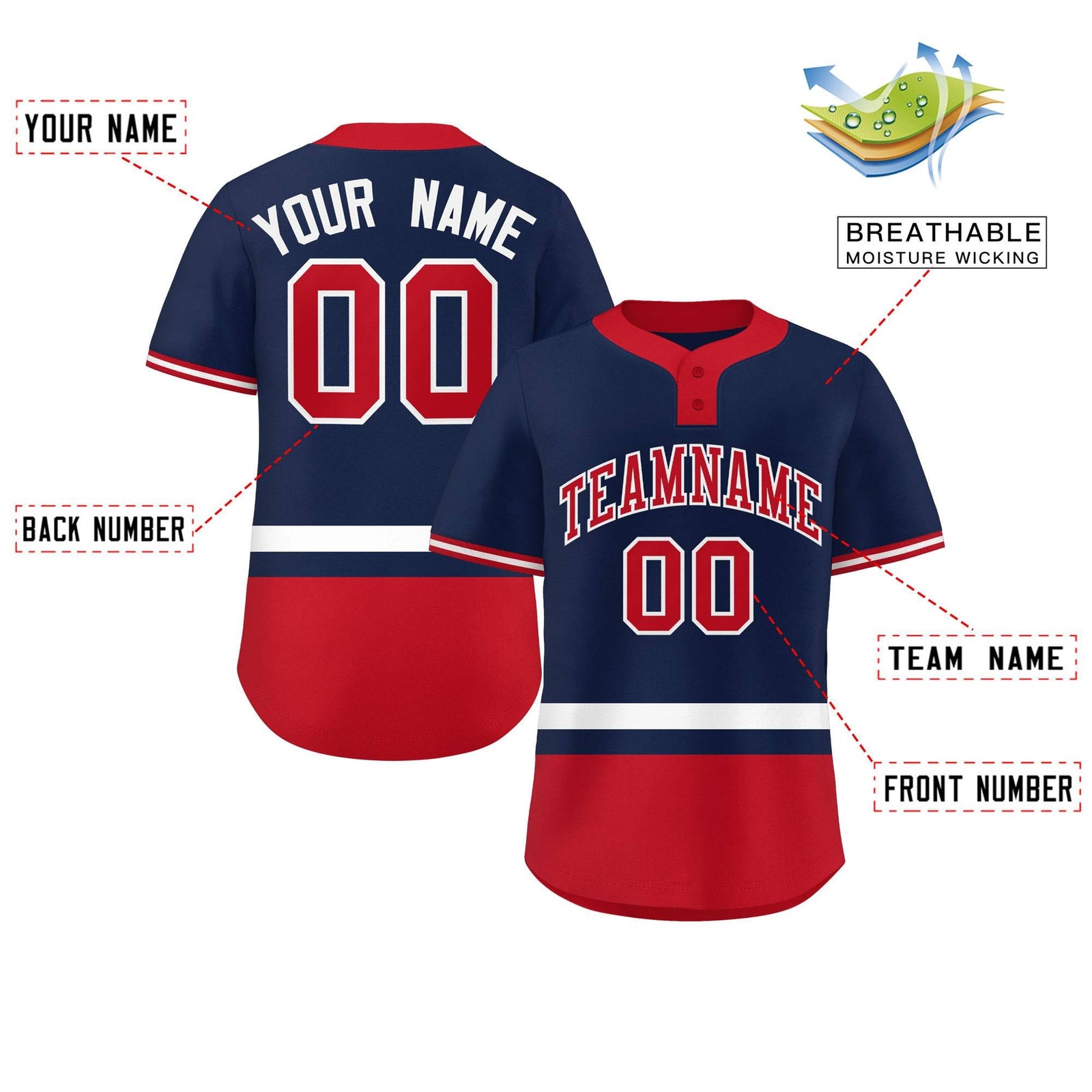 Custom Navy White-Red Color Block Personalized Authentic Two-Button Softball Jersey