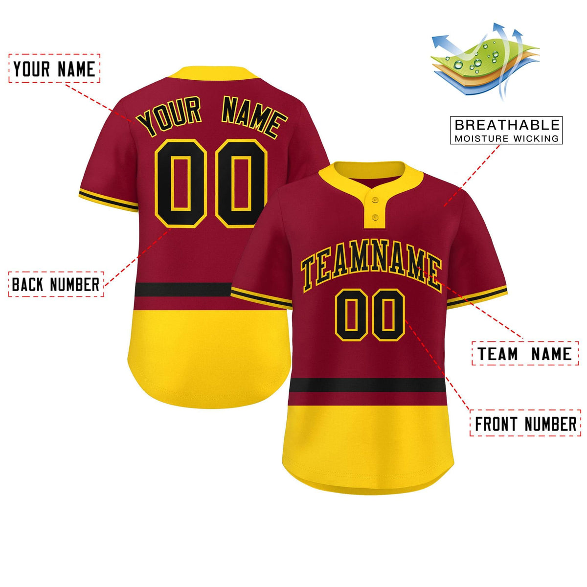 Custom Crimson Black-Gold Color Block Personalized Authentic Two-Button Softball Jersey
