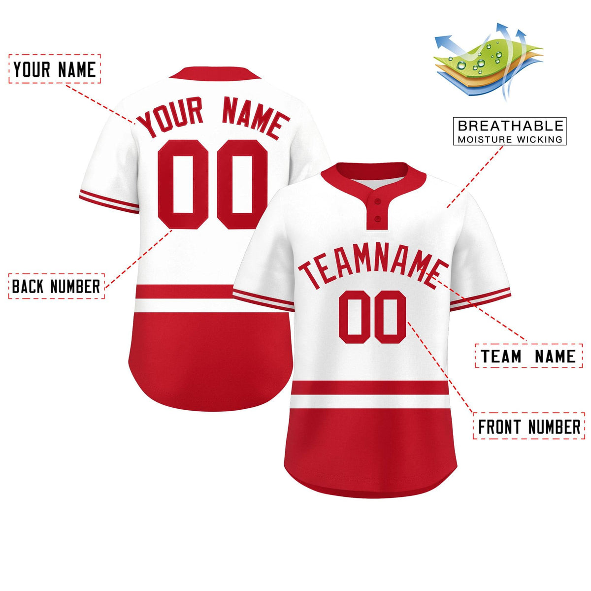 Custom White Red Color Block Personalized Authentic Two-Button Softball Jersey