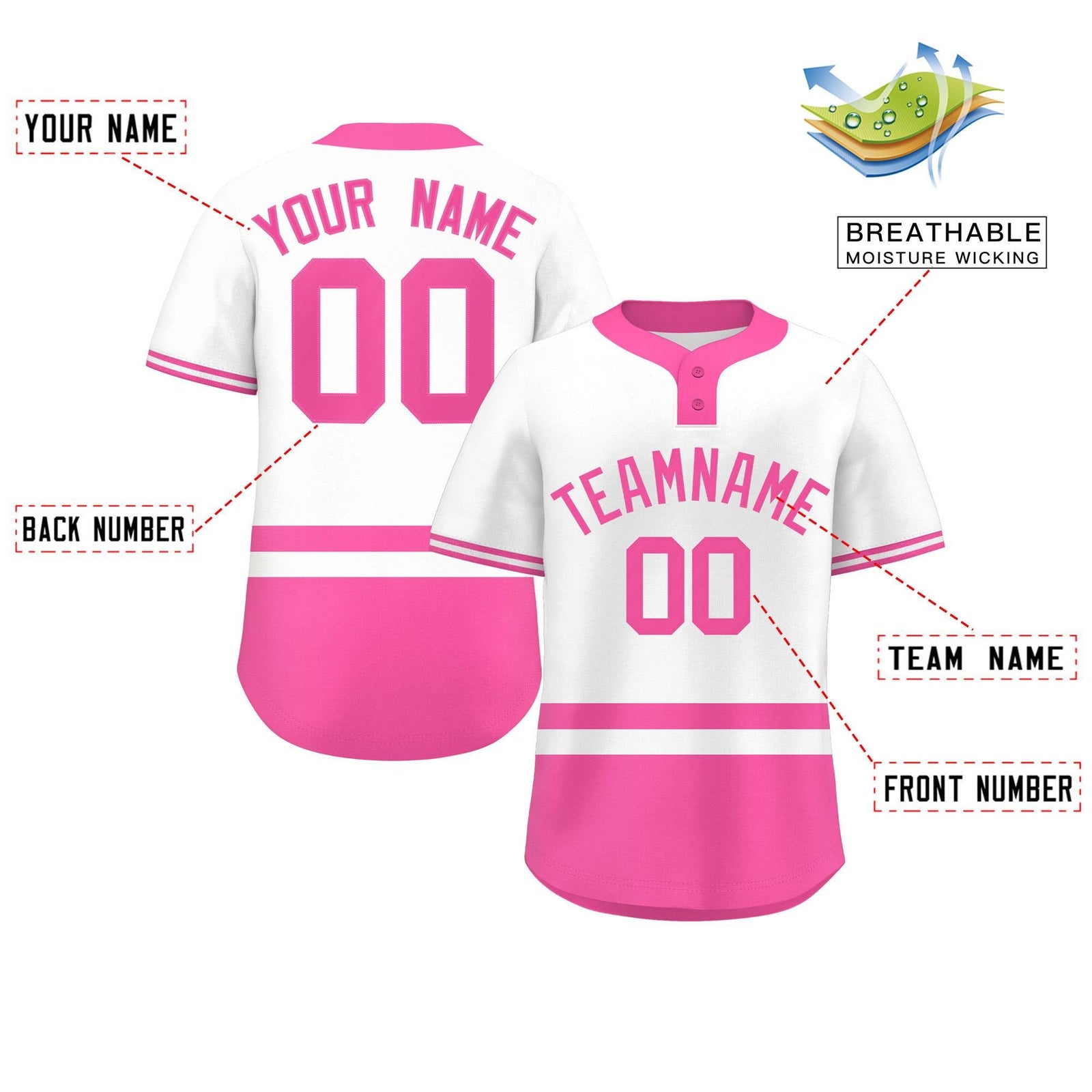 Custom White Pink Color Block Personalized Authentic Two-Button Softball Jersey