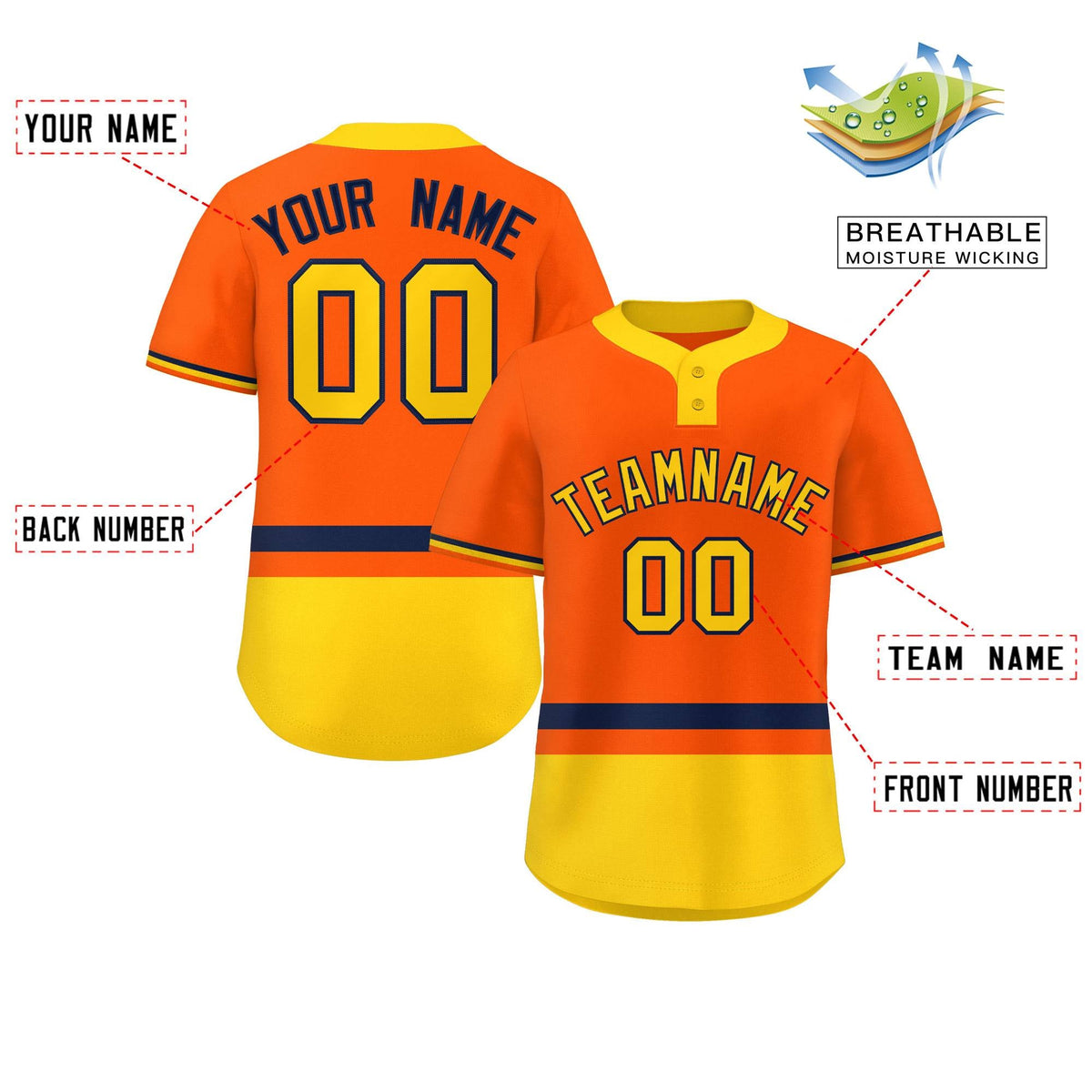 Custom Orange Navy-Gold Color Block Personalized Authentic Two-Button Softball Jersey
