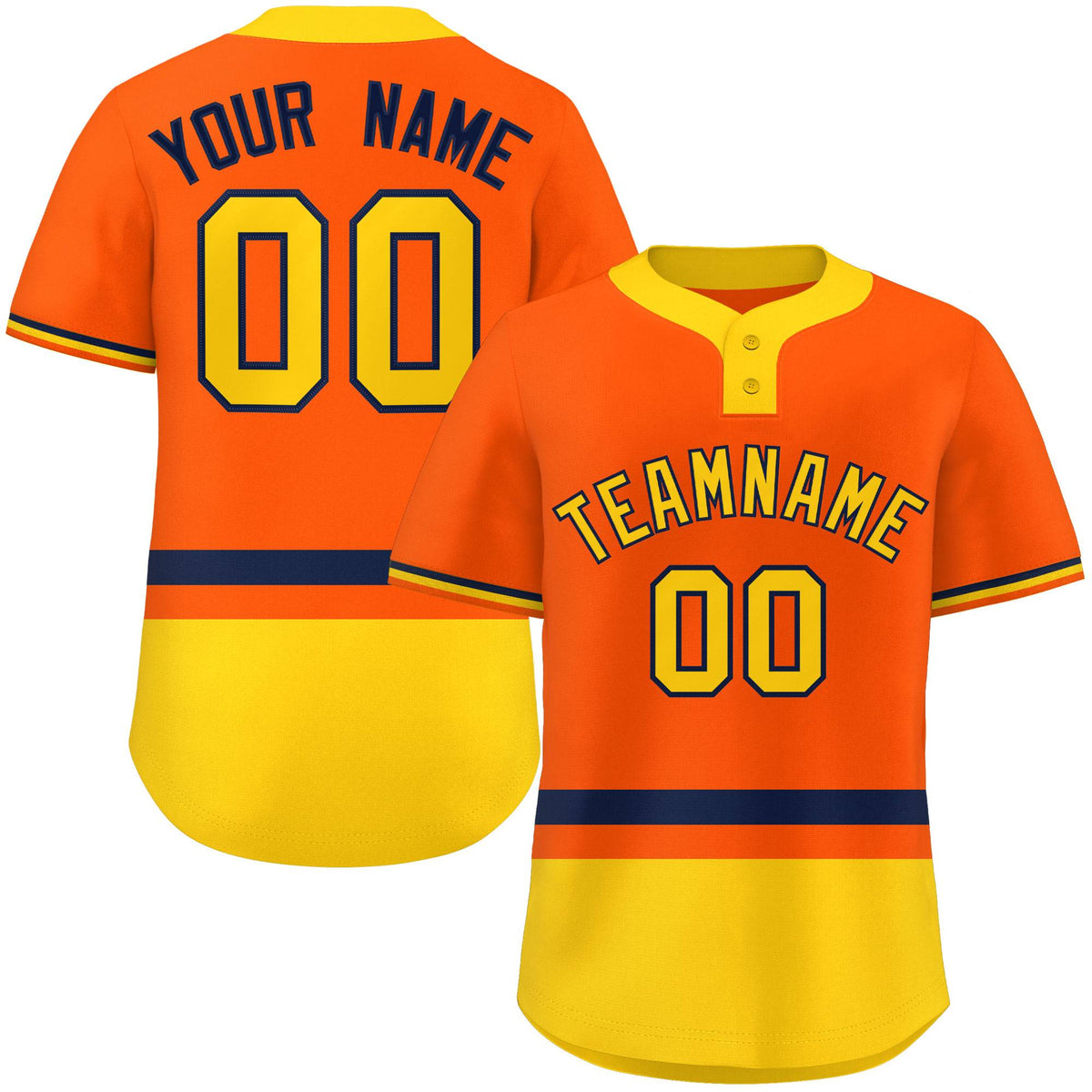 Custom Orange Navy-Gold Color Block Personalized Authentic Two-Button Softball Jersey