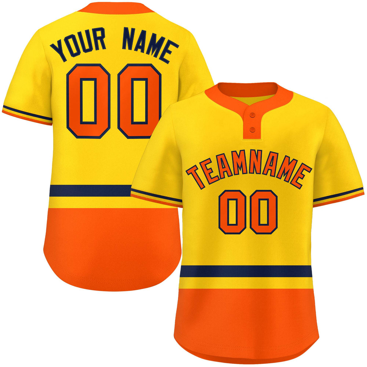 Custom Gold Navy-Orange Color Block Personalized Authentic Two-Button Softball Jersey