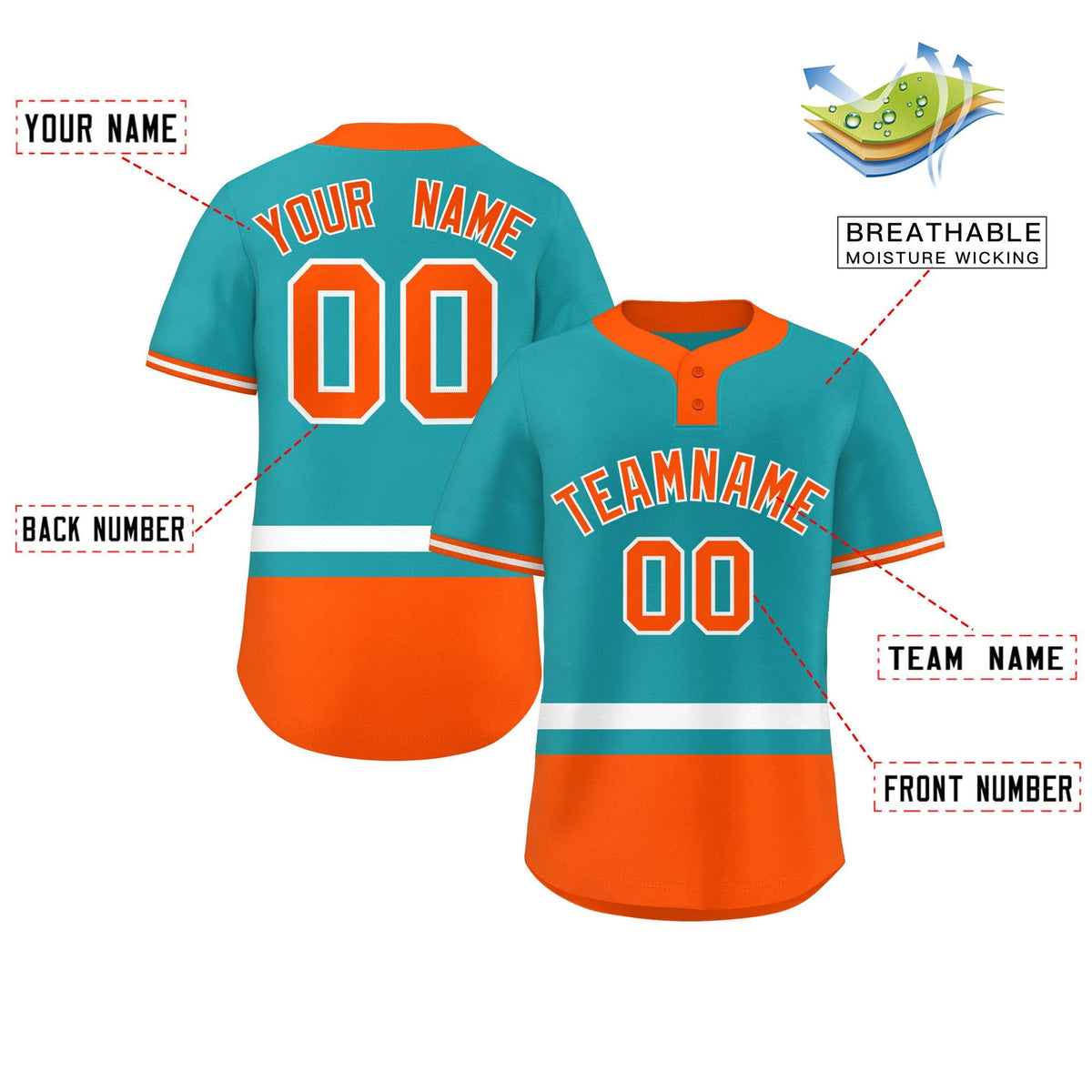 Custom Aqua White-Orange Color Block Personalized Authentic Two-Button Softball Jersey
