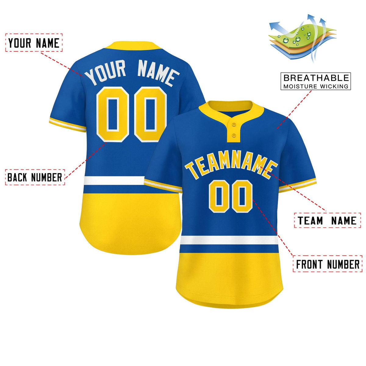 Custom Royal White-Gold Color Block Personalized Authentic Two-Button Softball Jersey