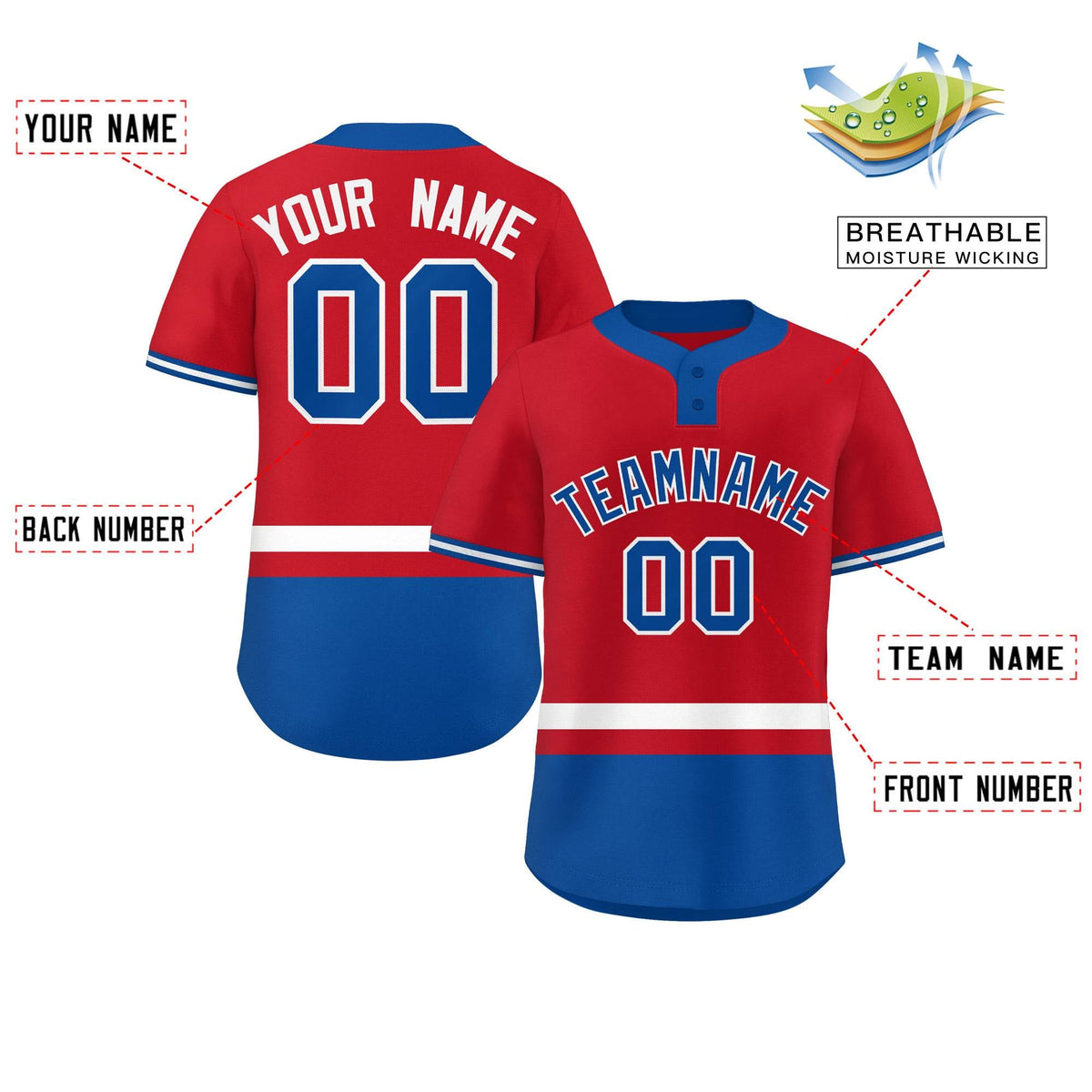 Custom Red White-Royal Color Block Personalized Authentic Two-Button Softball Jersey