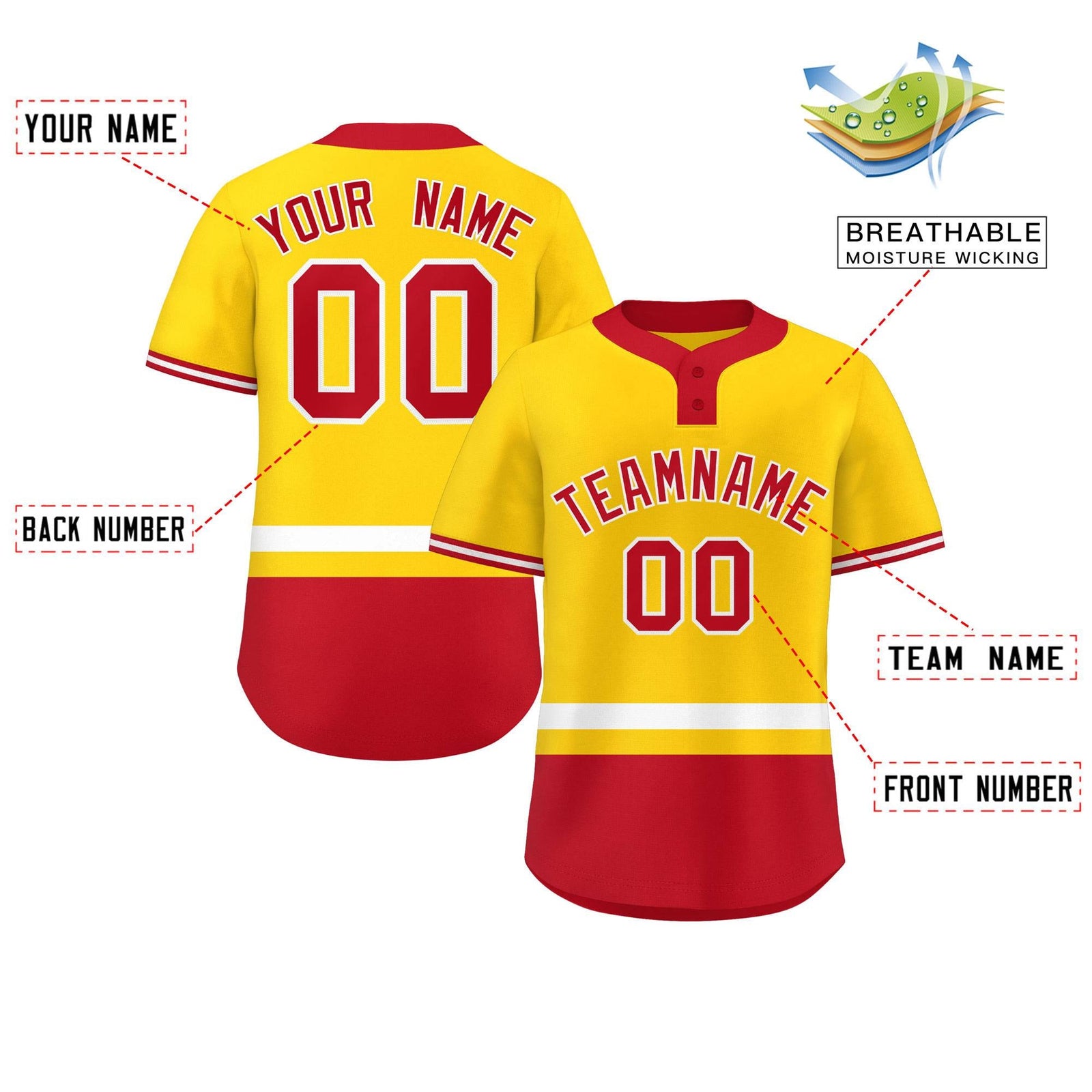 Custom Gold White-Red Color Block Personalized Authentic Two-Button Softball Jersey