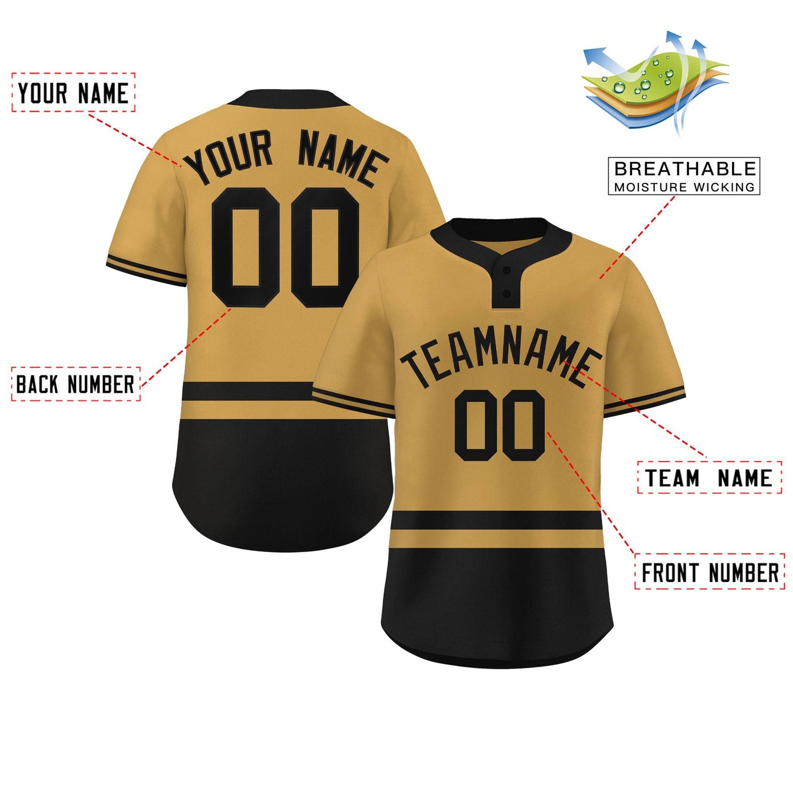Custom Gold Black Color Block Personalized Authentic Two-Button Softball Jersey