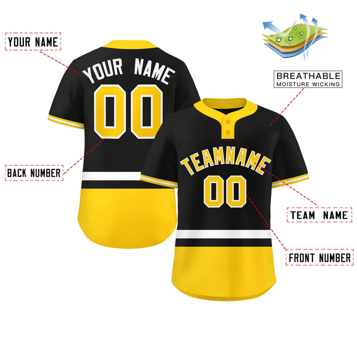 Custom Black White-Gold Color Block Personalized Authentic Two-Button Softball Jersey