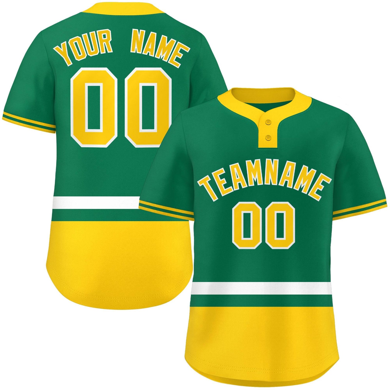 Custom Kelly Green White-Gold Color Block Personalized Authentic Two-Button Softball Jersey