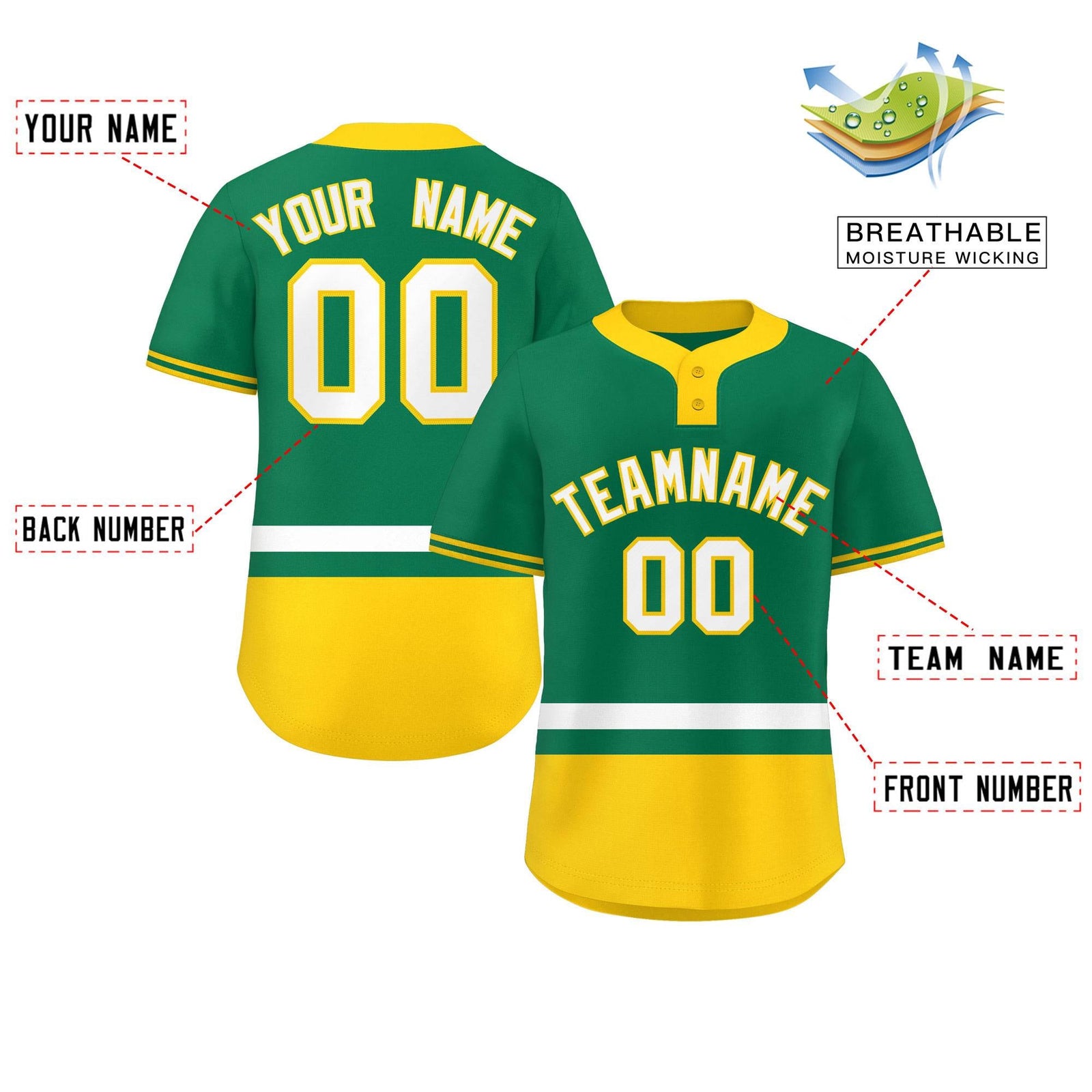 Custom Kelly Green White-Gold Color Block Personalized Authentic Two-Button Softball Jersey