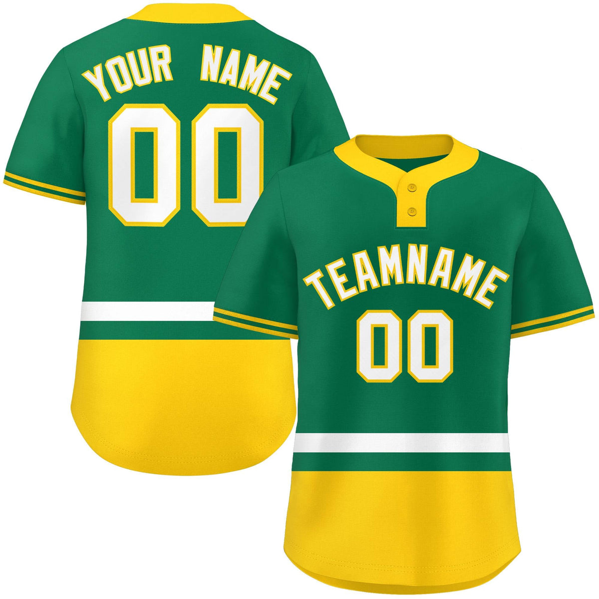 Custom Kelly Green White-Gold Color Block Personalized Authentic Two-Button Softball Jersey